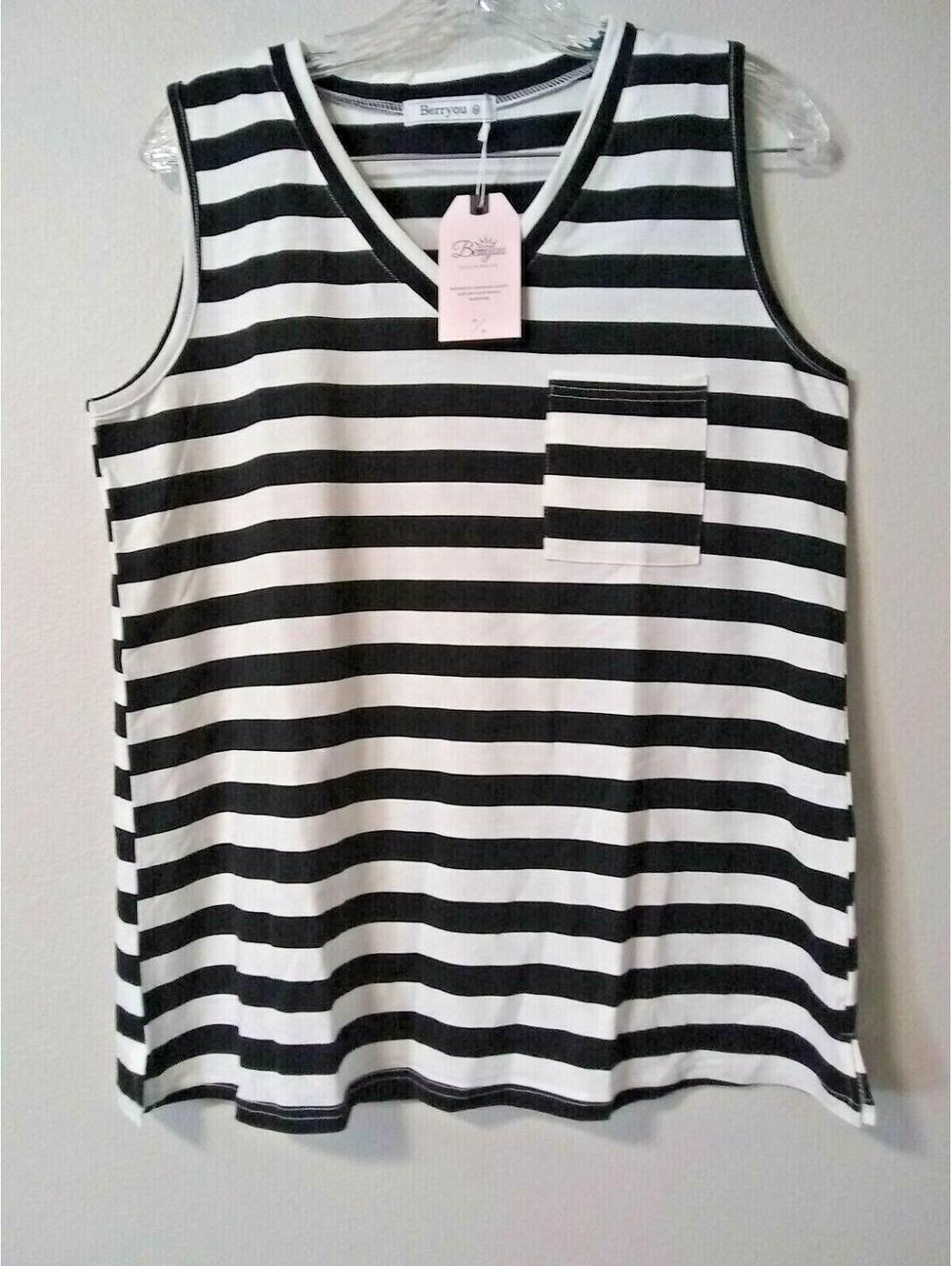 Berryou Tank Tops Stretch V Neck Black/White Stripe Womens Medium